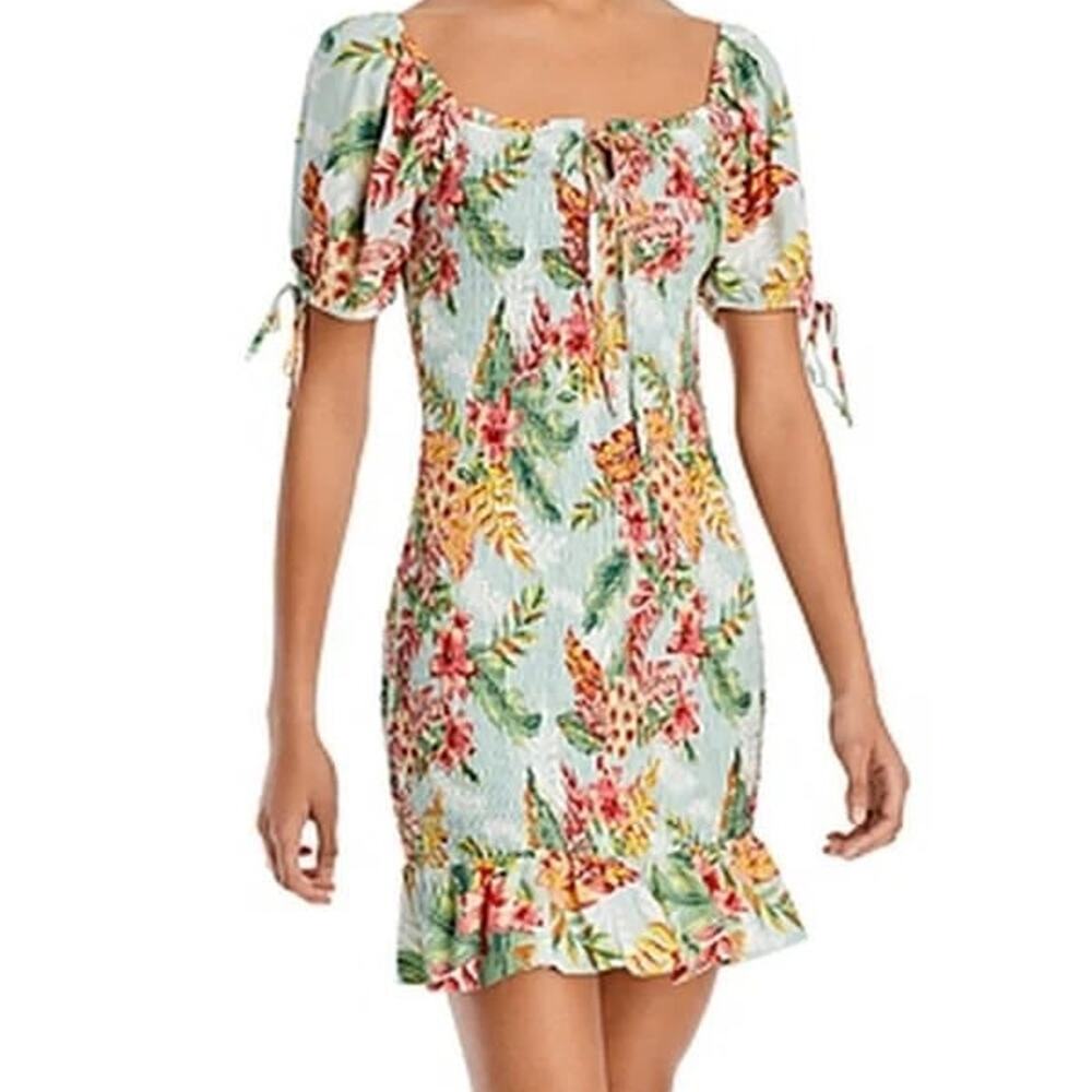 Tropical Floral Smocked Mini Dress Cottagecore Summer Vacay L lost and wander